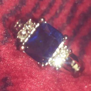 Blue & White Square Cut with Silver Band Ring